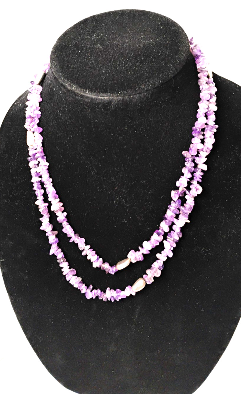 Amethyst Chip Bead Necklace 925 Sterling Silver Long Layered Boho
